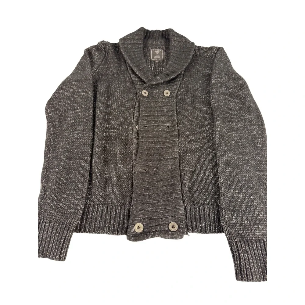Guess Cardigan Sweater Large Charcoal Gray Double‎ Breasted Shawl Collar Knit
